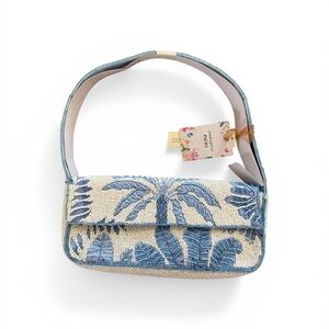 Blue & Cream Beaded Palm-Leaf Shoulder Bag
